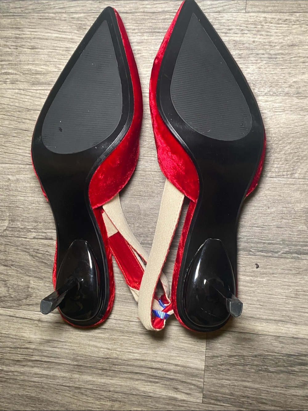 Red Velvet Pointed Slingback heels with Beige Tie Detail - Picture 6 of 6